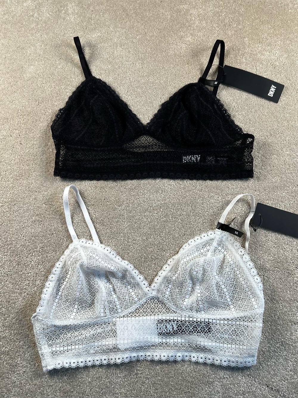 DKNY Lace Bralettes 2 Bras White Black NWT Table Top Lace Bralette Medium